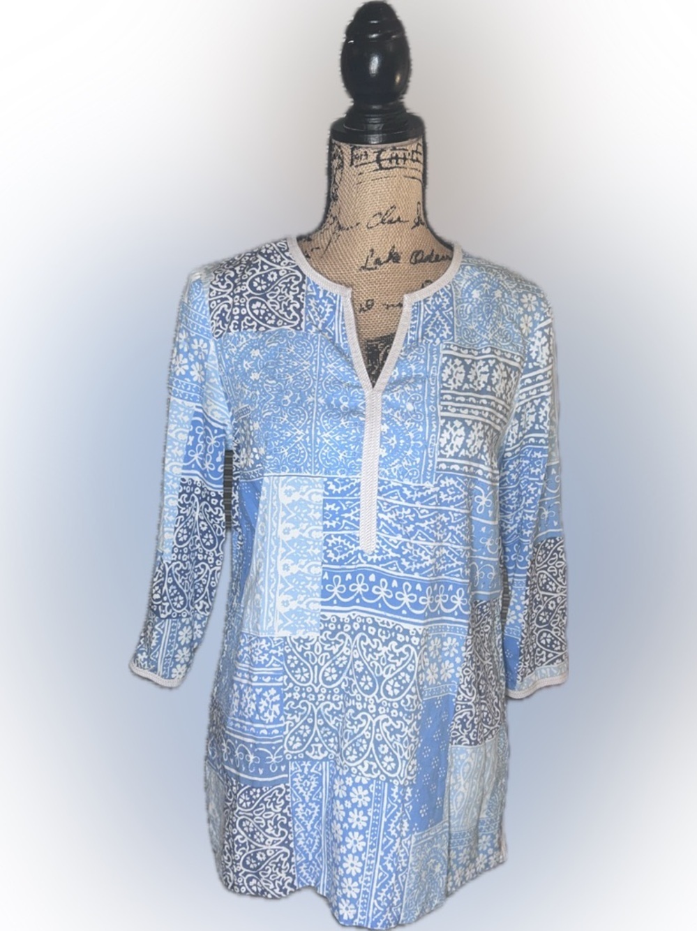 JMcLaughlin Carly Bandana Paisley Handkerchief Blue Patchwork Print Tunic Top M